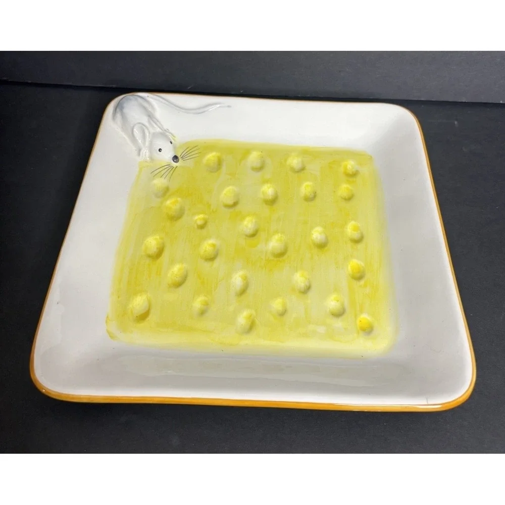 Vintage Cheese Plate Serving Dish Mouse Hand Painted Made in Italy Pottery